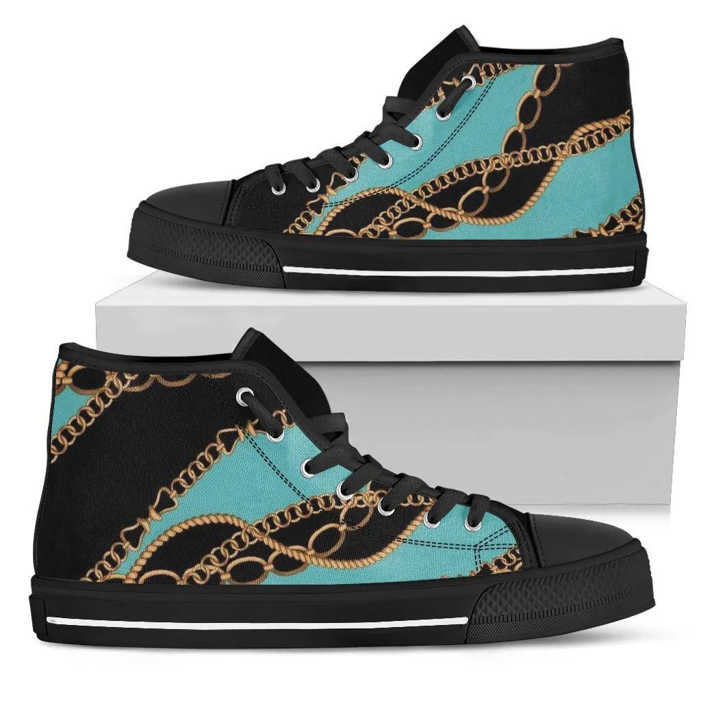 Teal Gold Chains Designer High Top Sneaker Custom Shoes with Black Soles Custom Shoes